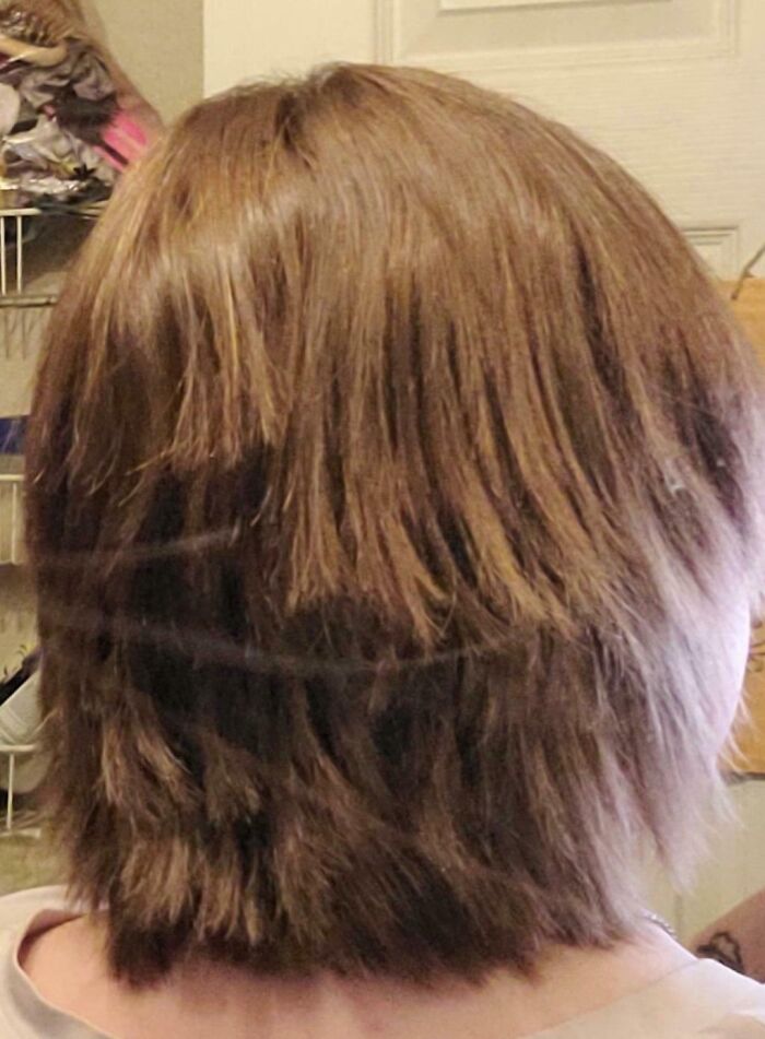 Back view of a person with a hilariously tragic hair accident showing uneven and patchy haircut layers.