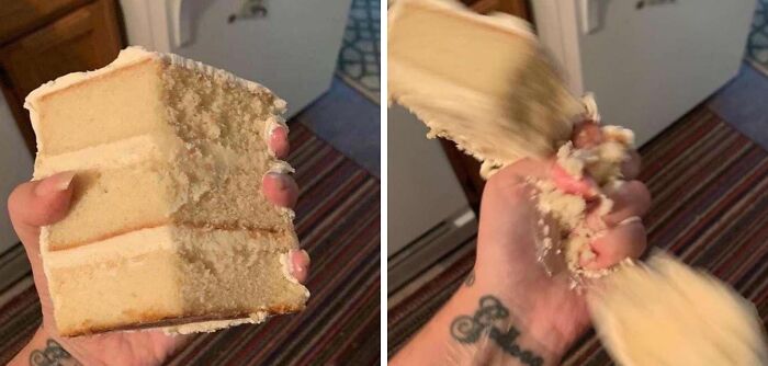 Two side-by-side pics showing a hand holding an intact cake slice and then smashing it, illustrating interesting pics that answer questions.