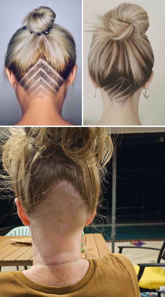 Three images showing undercut hairstyles; two neat geometric designs and one patchy hair accident, highlighting hair accidents.