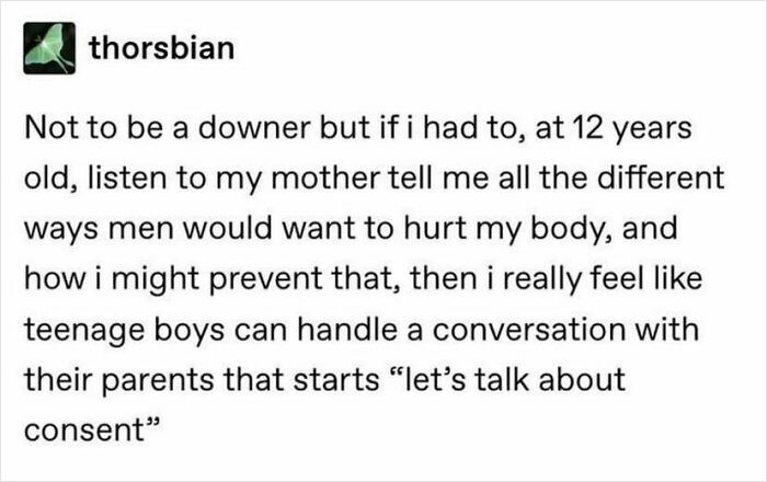 Text post from the Fight The Patriarchy page discussing consent conversations with teenage boys and parental guidance.