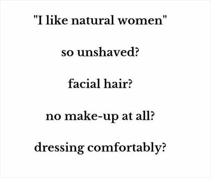 Text post questioning the meaning of natural women with humor, shared by Fight The Patriarchy page.