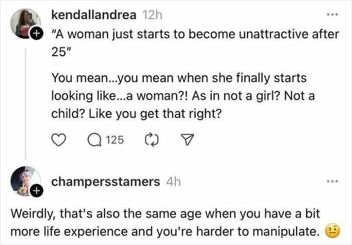 Screenshot of a Fight The Patriarchy post debating women's attractiveness and empowerment after age 25 with comments.