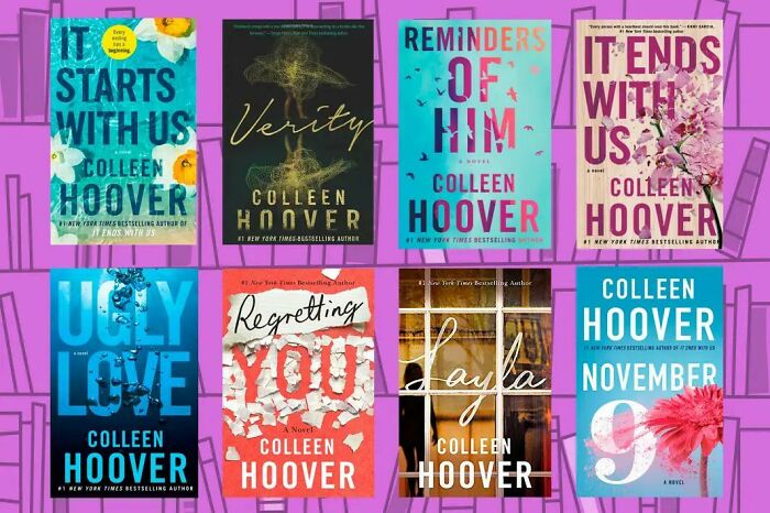 Collection of Colleen Hoover book covers displayed against a purple background, illustrating unrealistic women movie tropes.