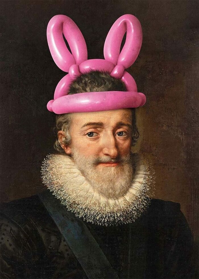 Classical painting of a man with a ruffled collar wearing a pink balloon hat shaped like bunny ears for funny memes.