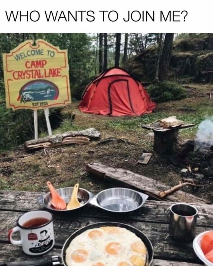 Camp Crystal Lake outdoor scene with camping gear and breakfast, a relatable meme for horror and Halloween fans.
