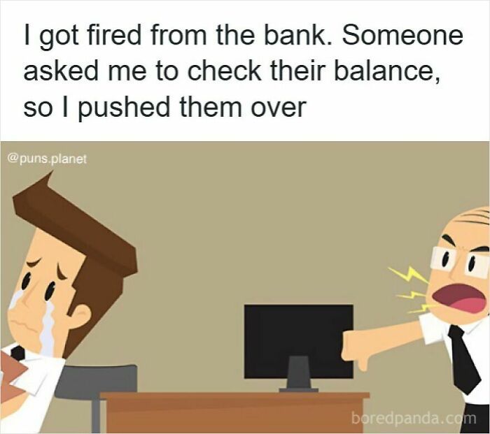 Cartoon showing a crying employee being fired by a boss, illustrating funny memes about getting laid off with a work pun.