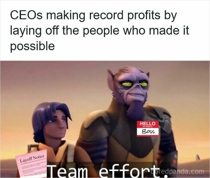 Animated characters with a layoff notice and a boss badge illustrating funny memes about getting laid off and corporate profits.