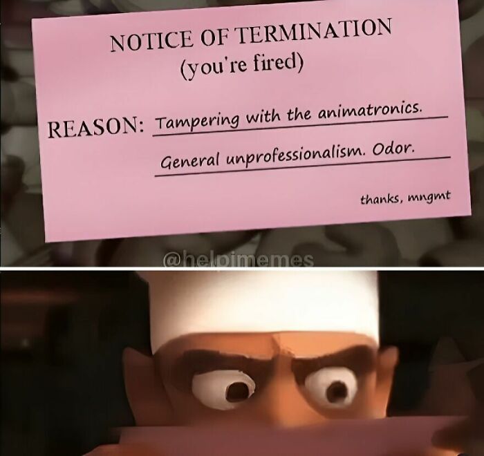 Funny meme showing a pink notice of termination with a shocked animated character about getting laid off.