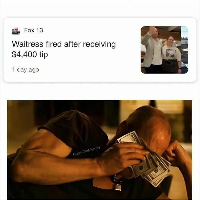 Man crying while holding cash, illustrating a funny meme about getting laid off with an ironic twist involving a large tip.