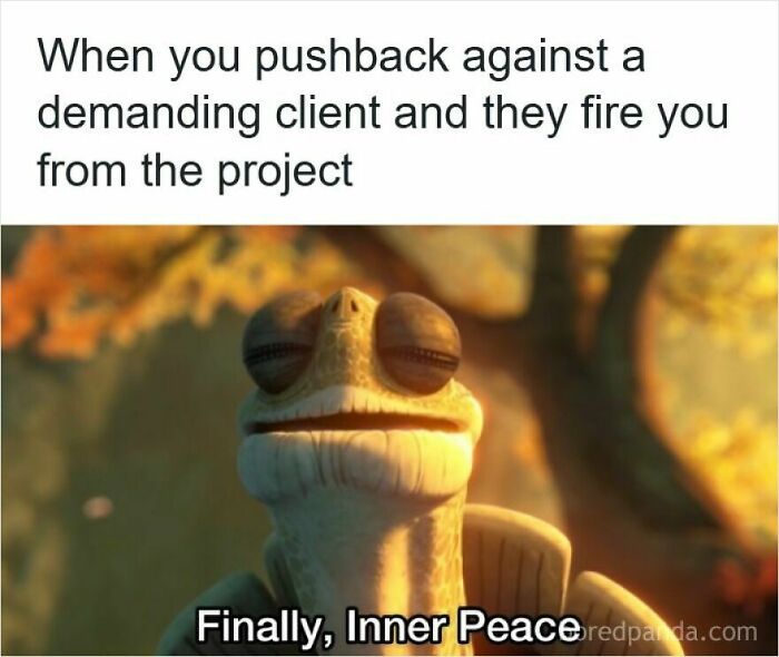 Funny meme about getting laid off shows a calm turtle with text about pushback against demanding client.
