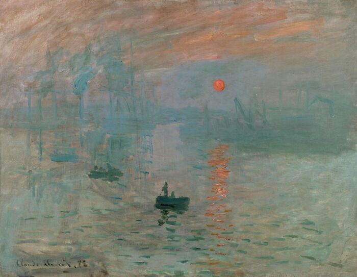 Impressionist painting featuring a sunrise over a misty harbor with boats, representing famous paintings that changed art.