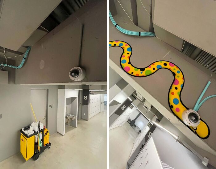 Parking garage corner before and after Tom Bob’s urban whimsy art transforms a security camera with colorful design.