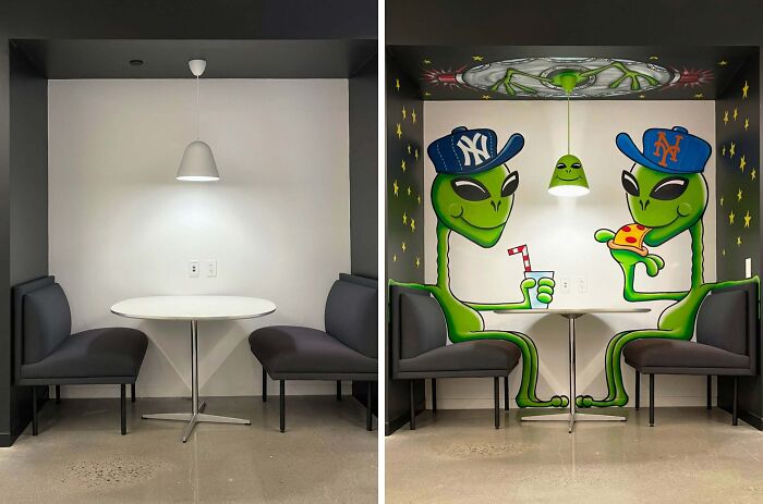 Side-by-side images of an ordinary dining nook transformed with Tom Bob’s urban whimsy featuring green aliens wearing baseball caps.