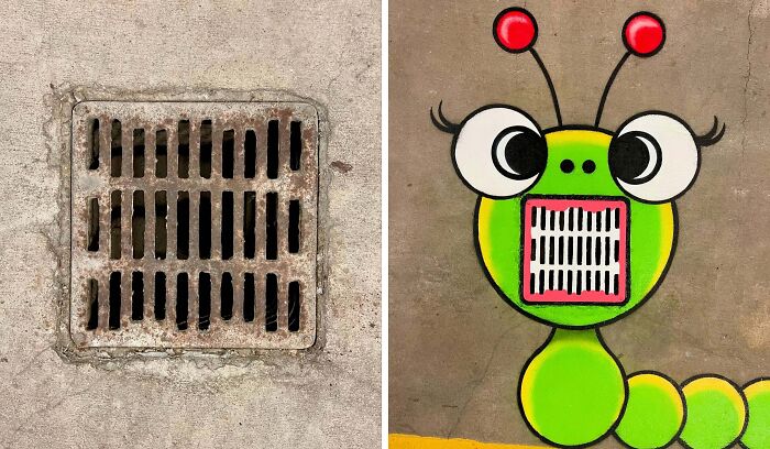 Side-by-side image showing a street drain and Tom Bob’s urban whimsy art turning it into a cartoon caterpillar face.