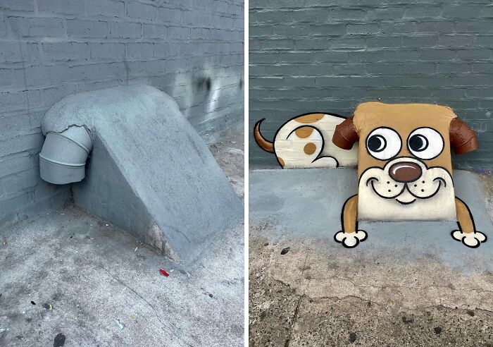 Side-by-side images showing urban whimsy by Tom Bob transforming a plain vent into a playful cartoon dog mural.