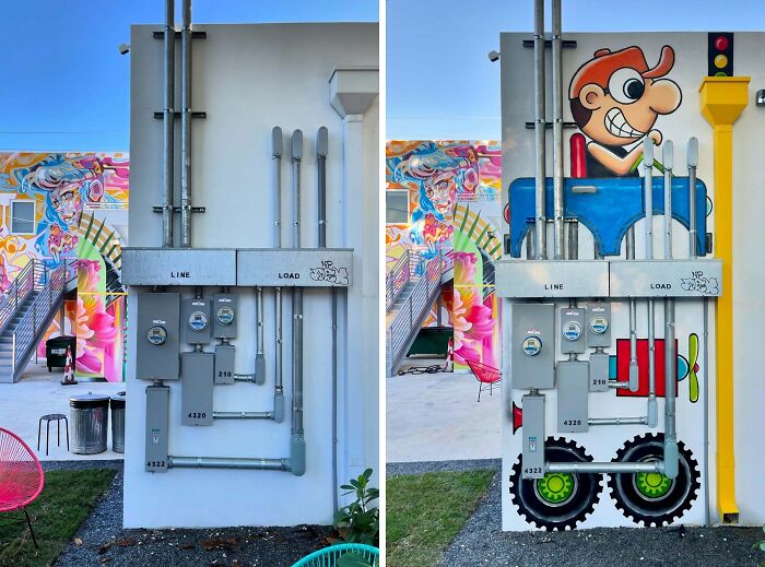 Side-by-side images showing Tom Bob’s urban whimsy transforming a plain utility box into a colorful cartoon vehicle mural.
