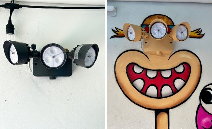 Before and after images showing Tom Bob’s urban whimsy by transforming security lights into a cartoon face on a wall.