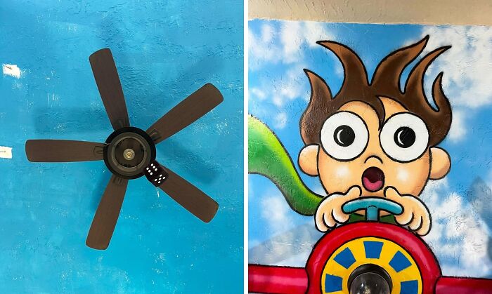 Ceiling fan cleverly painted as a steering wheel held by a cartoon character, showcasing Tom Bob’s urban whimsy artwork.