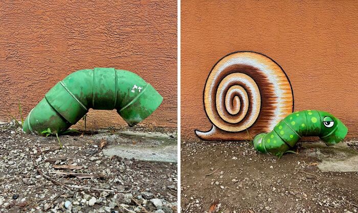 Green pipe transformed into a whimsical caterpillar with snail shell urban art on a textured orange wall by Tom Bob.