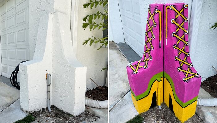 Before and after images of urban whimsy by Tom Bob, showing a plain wall corner transformed into a colorful boot mural.
