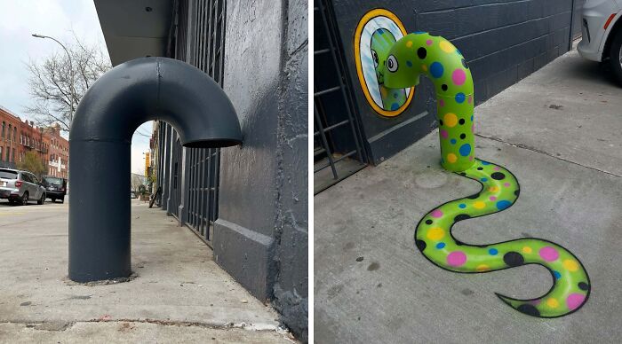 Urban whimsy by Tom Bob shows everyday street pipes transformed into colorful, playful outdoor art pieces in a city setting.