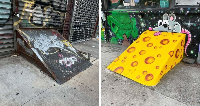 Side-by-side images showing Tom Bob’s urban whimsy transforming a rusty ramp into a colorful mouse and cheese street art scene.