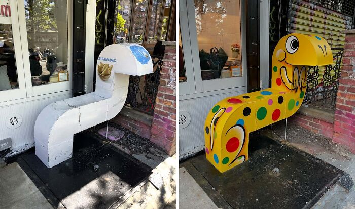 Before and after images of street art transformation by Tom Bob, turning an ordinary urban fixture into colorful urban whimsy.