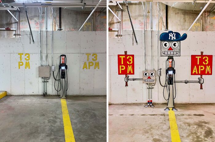 Before and after images of Tom Bob’s urban whimsy street art transforming a plain wall charger into playful robot characters.