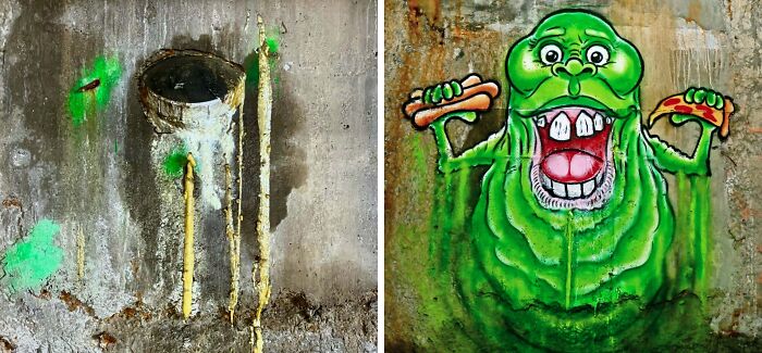 Street art by Tom Bob showing urban whimsy with a green cartoon character holding hot dogs on a weathered wall.