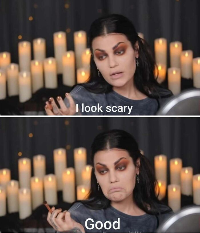 Woman with Halloween makeup saying I look scary good, surrounded by lit candles, horror and Halloween fans meme.