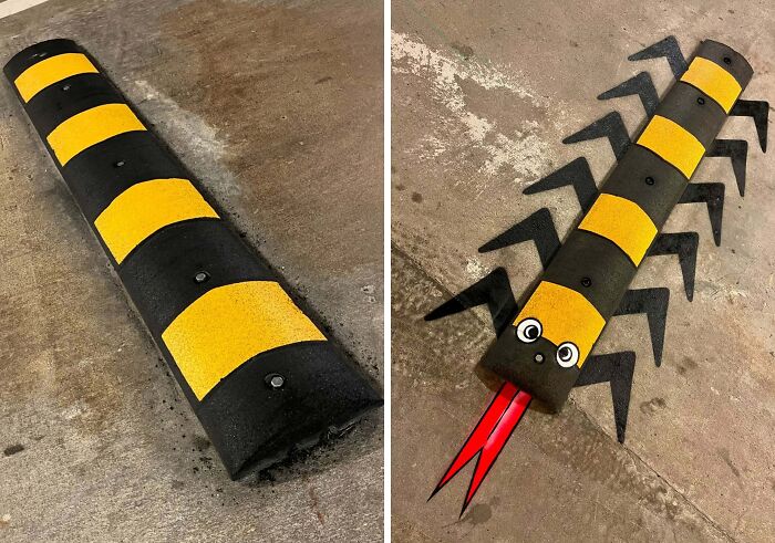 Parking bump creatively transformed into a whimsical centipede with painted eyes, legs, and a forked red tongue in urban whimsy style.