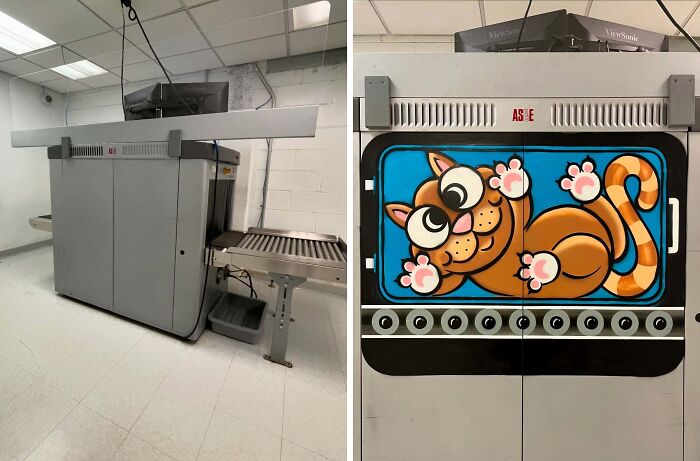 Industrial machine in a plain room transformed by Tom Bob’s urban whimsy with a colorful cartoon cat painted on its doors.