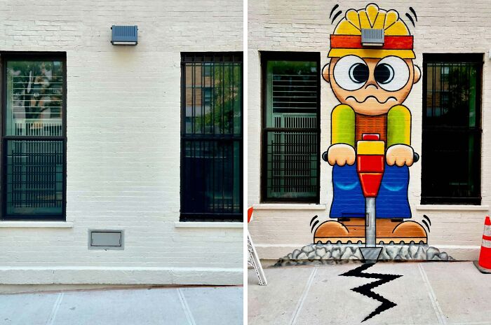 Side-by-side images showing a plain wall and Tom Bob’s urban whimsy mural transforming it with colorful street art.