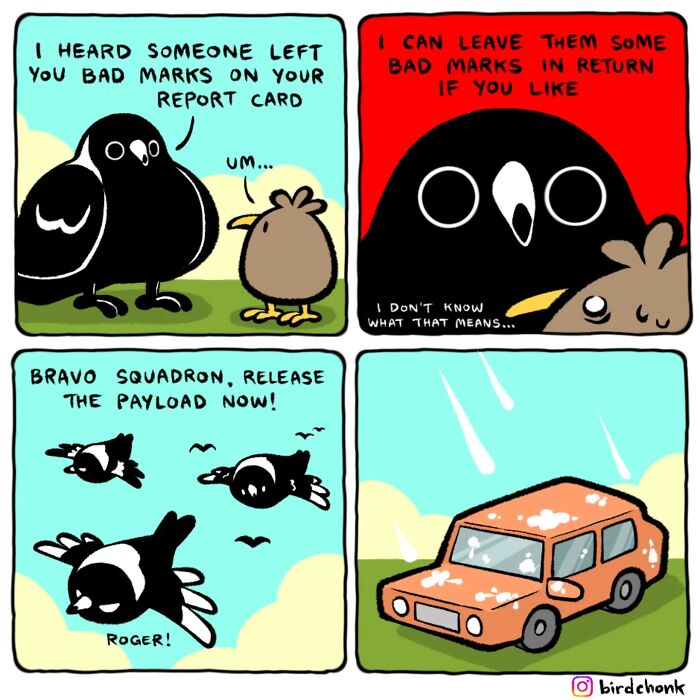 Comic panels featuring birds with reversed roles, humorously interacting and plotting, in a colorful cartoon style.