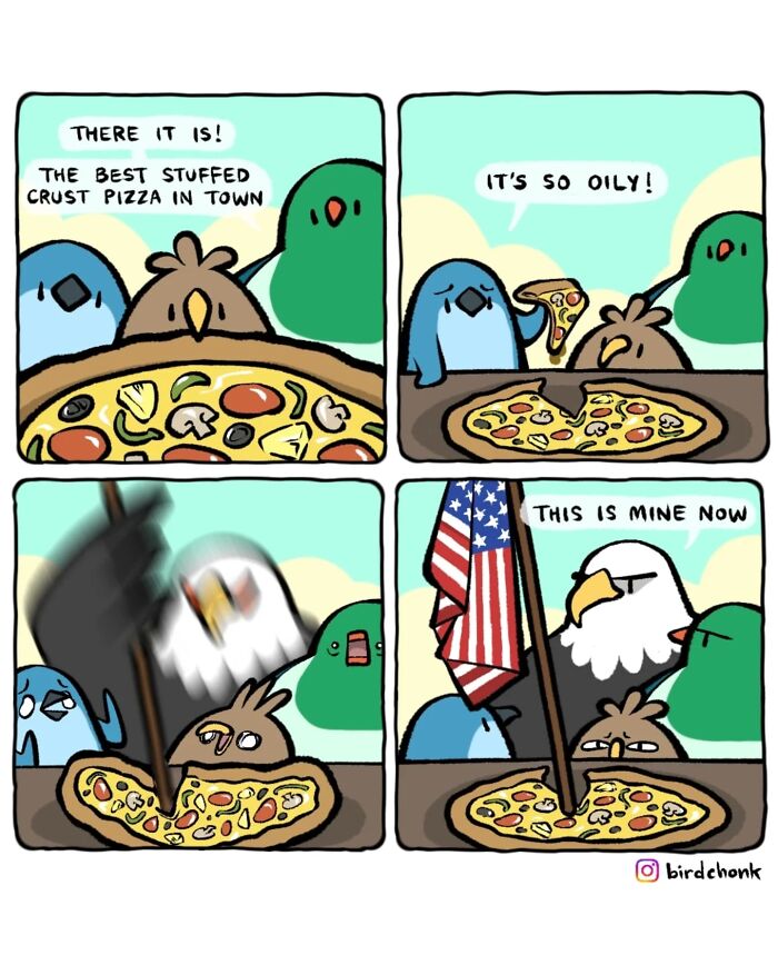 Comic featuring birds with reversed roles, one bird claiming a pizza slice while others react in a humorous scene.