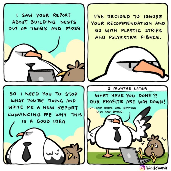 Comic featuring birds with reversed roles, discussing nest building and its impact on profits and bird health.