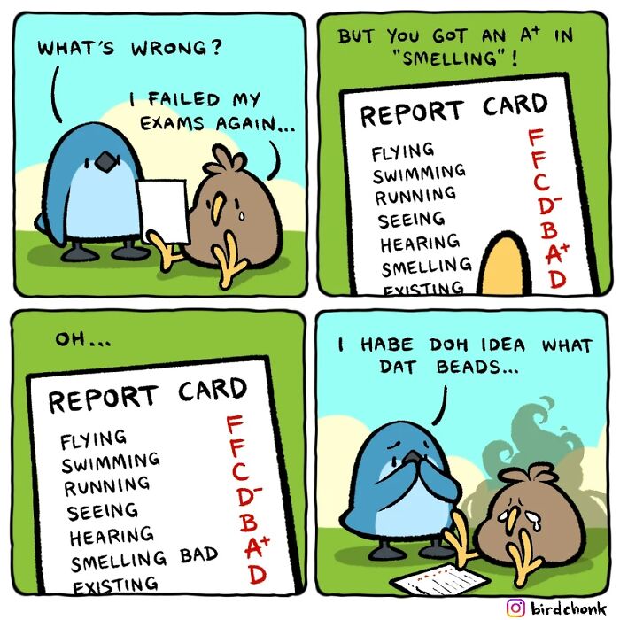Comic panel with birds and a reversed roles report card, illustrating relatable bird humor with reversed roles by Birdchonk.
