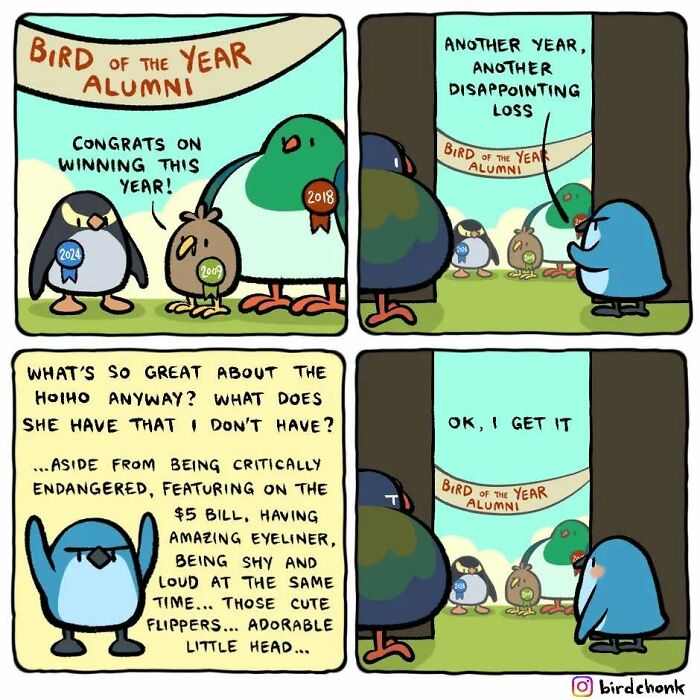 Comic featuring birds with reversed roles discussing Bird of the Year awards and humorous rivalry between characters.