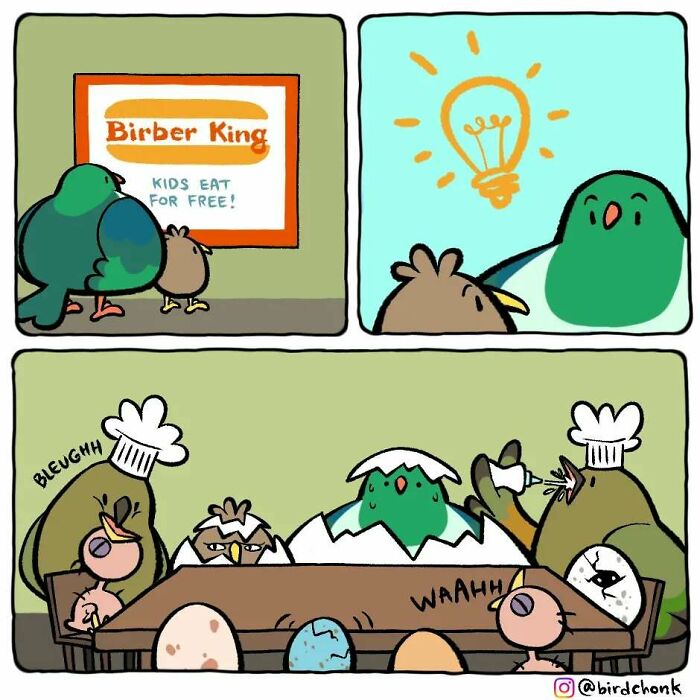 Comic featuring birds in reversed roles with birds dressed as humans inside a restaurant named Birber King.