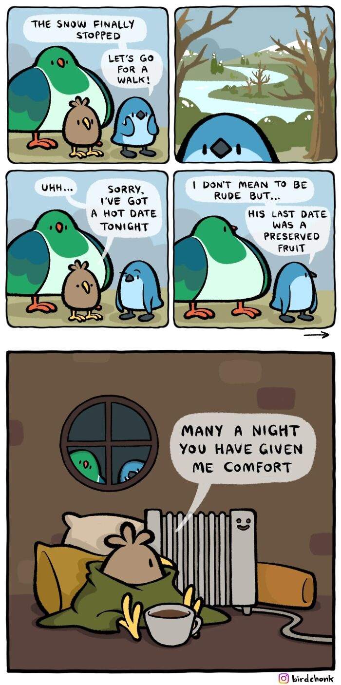 Comic panels featuring birds with reversed roles, humorously interacting in relatable and cozy scenes.
