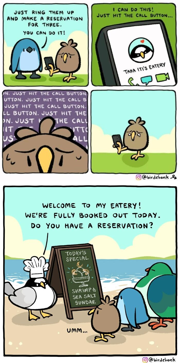 Comic featuring birds with reversed roles, showing a bird nervously trying to make a reservation at an eatery.