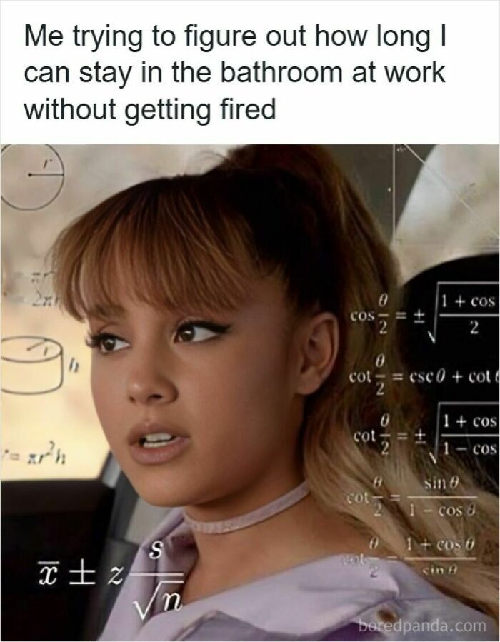 Young woman calculating how long she can stay in the bathroom at work without getting fired, funny laid off meme concept