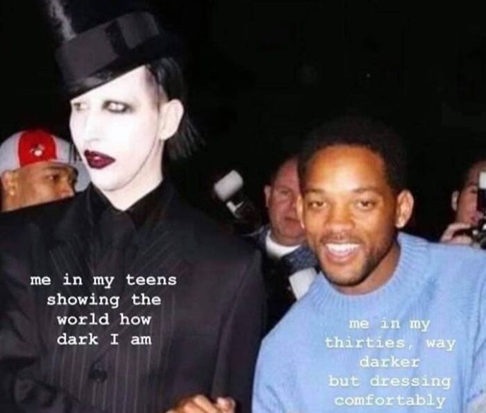 Two men side by side, one gothic dressed and pale, the other casual and smiling, relatable horror and Halloween meme.