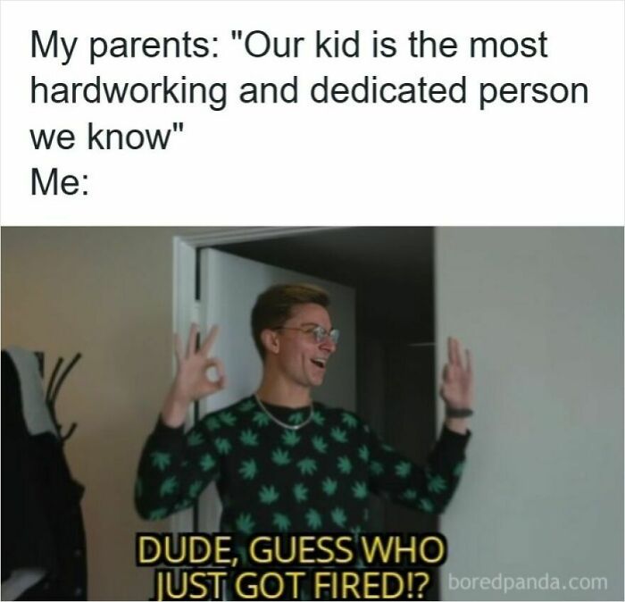 Young man smiling and making hand gestures with caption about getting fired, related to funny memes about getting laid off.