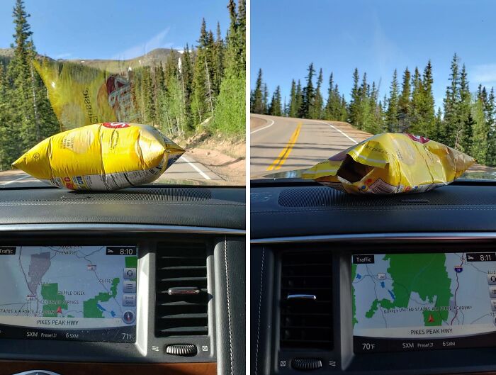 Inflated and deflated chip bag on car dashboard showing effects of altitude in interesting pics.
