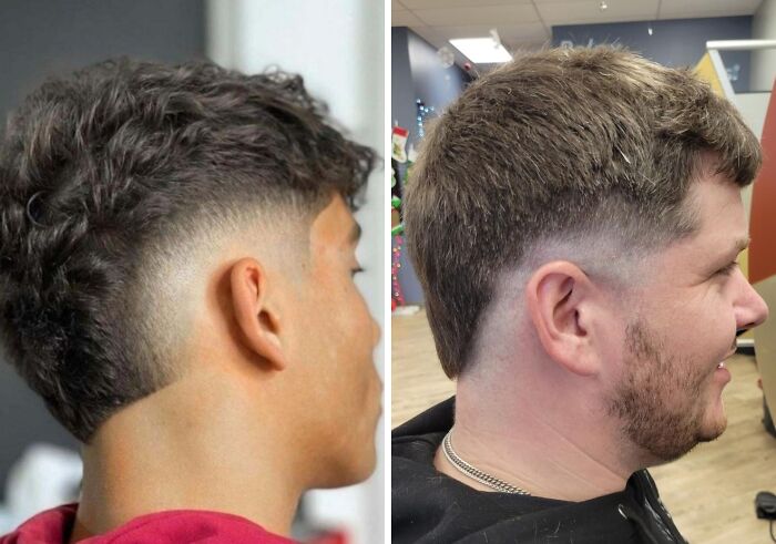 Two men showing tragically funny hair accidents with uneven and patchy haircut styles in indoor settings.