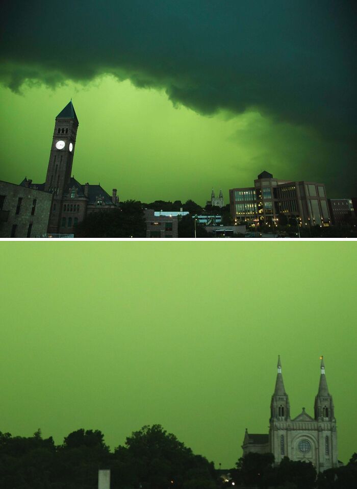 Dark green sky over city buildings and a church tower captured in interesting pics answering unexpected questions.