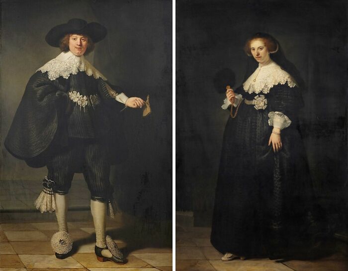 Pair of famous paintings depicting a man and woman in 17th-century attire, representing iconic artworks that changed art forever.
