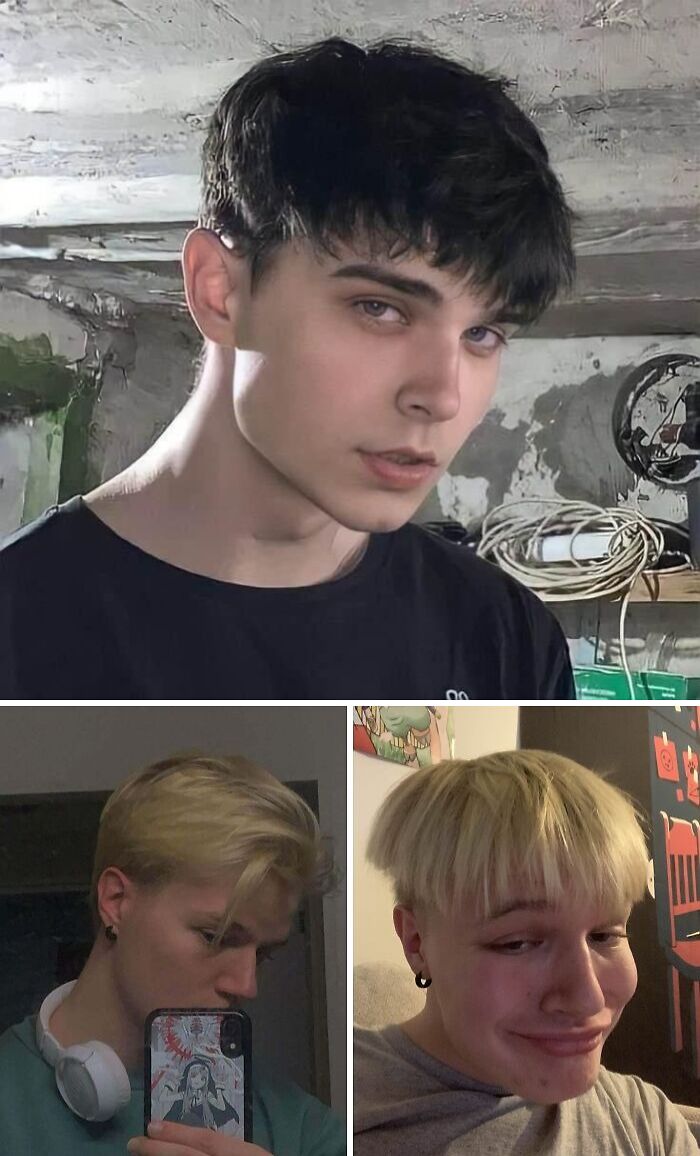 Three young men showing different hairstyles, featuring various hair accidents and humorous haircuts indoors.