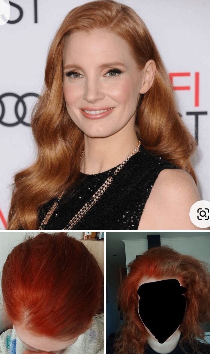 Red-haired woman with styled waves contrasted with two photos showing tragic hair accidents with uneven and messy red hair dye.